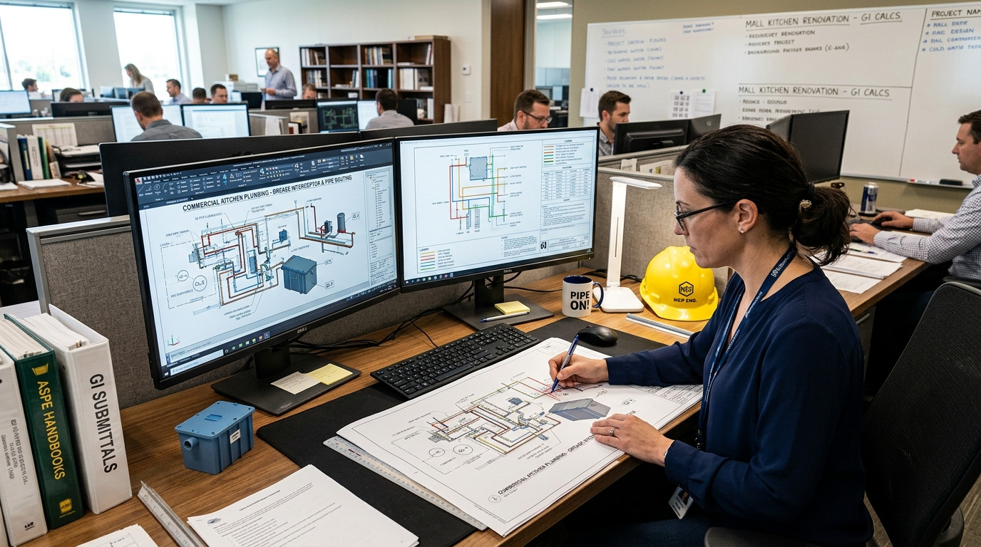 A focused plumbing engineer reviewing commercial kitchen grease interceptor CAD drawings and plumbing pipe clearances at a dual-monitor workstation in an engineering office.