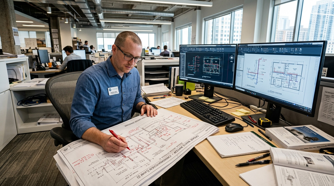 Plumbing engineer reviewing commercial kitchen grease waste piping drawings at a dual-monitor workstation with printed redlines