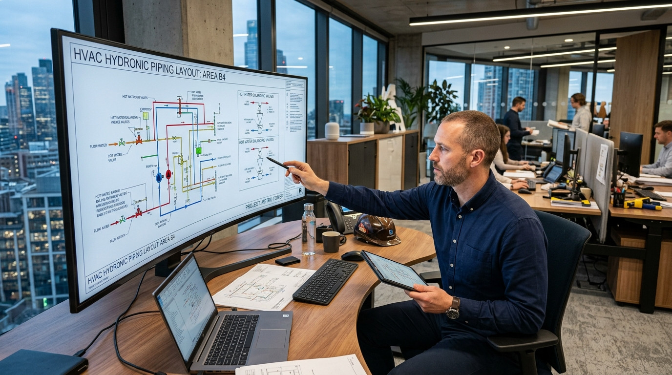 Mechanical engineer reviewing hot water balancing valve piping layouts on a large monitor in a modern engineering office