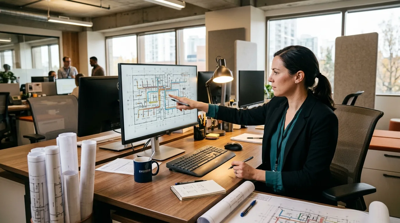 A professional engineering workstation showing a detailed HVAC plan view with diffusers and duct networks on a large monitor, surrounded by rolled plans.