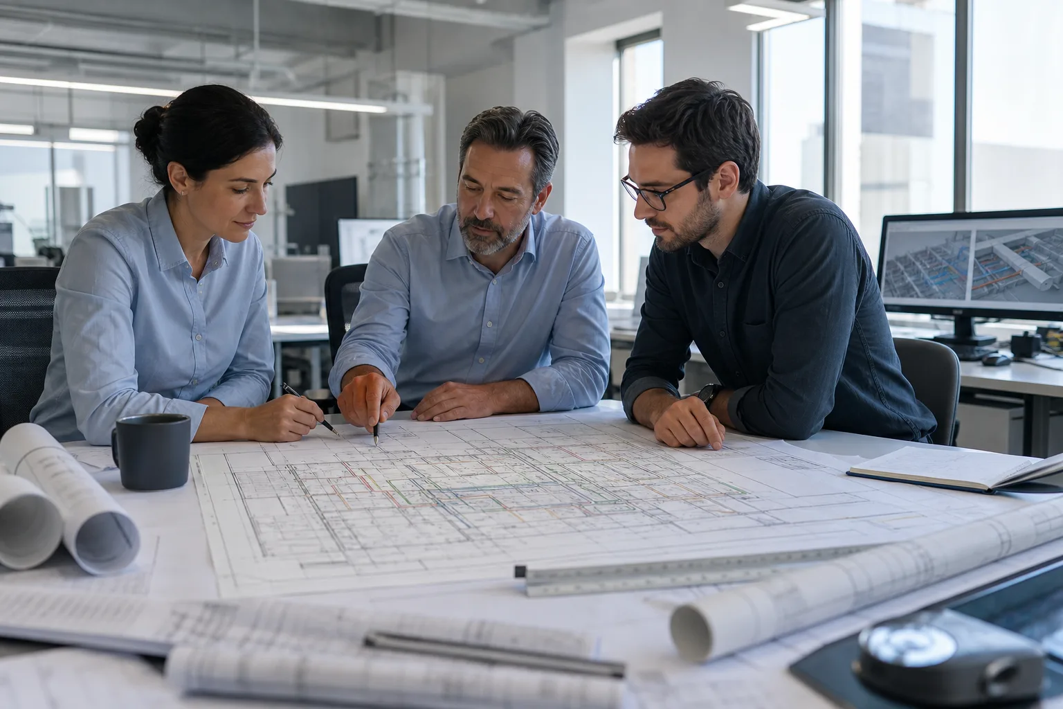 MEP engineers reviewing HVAC, plumbing, and electrical drawings together in a modern office