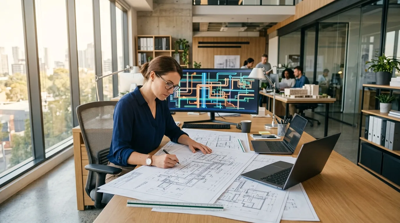 Mechanical engineer checking blueprint layouts in a modern CAD design office with soft-focus colorful abstract ventilation duct lines on a background screen.
