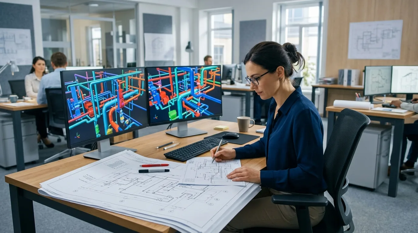 A mechanical design engineer reviews paper blueprints at a modern desk featuring dual monitors displaying detailed, colorful 3D hydronic piping system models.