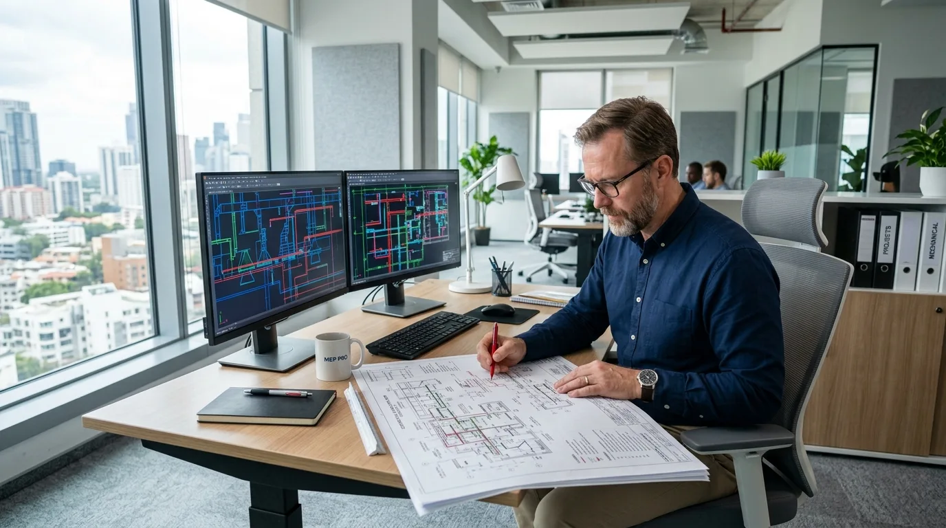 A professional MEP drafting specialist at a modern dual-monitor workstation reviewing commercial kitchen hood and grease duct layout plans.