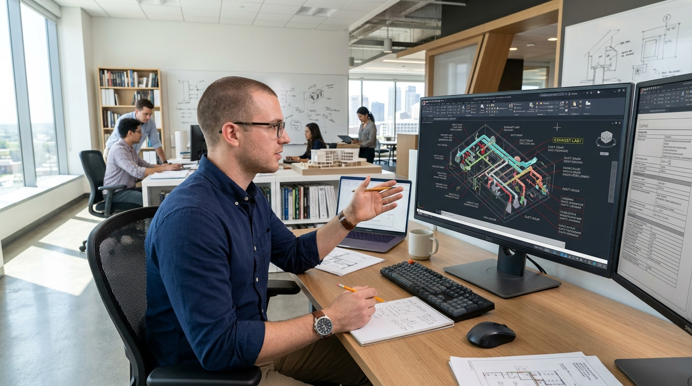 Mechanical engineer reviewing complex laboratory exhaust ductwork layout on AutoCAD plans in a modern engineering workstation