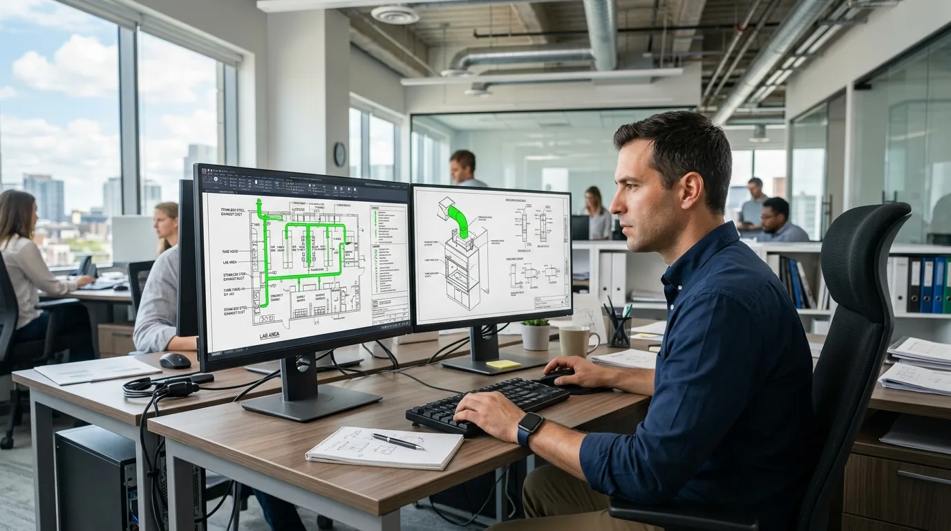 An MEP designer reviewing a green-highlighted laboratory exhaust ductwork layout on dual monitors in a professional office