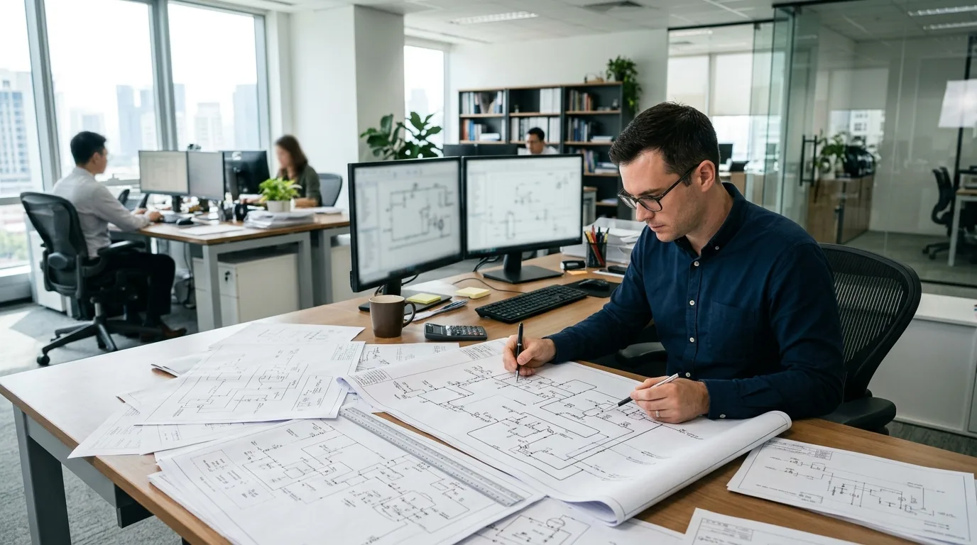 A mechanical design engineer examining printed piping schematics and mechanical flow diagrams at a bright modern workstation