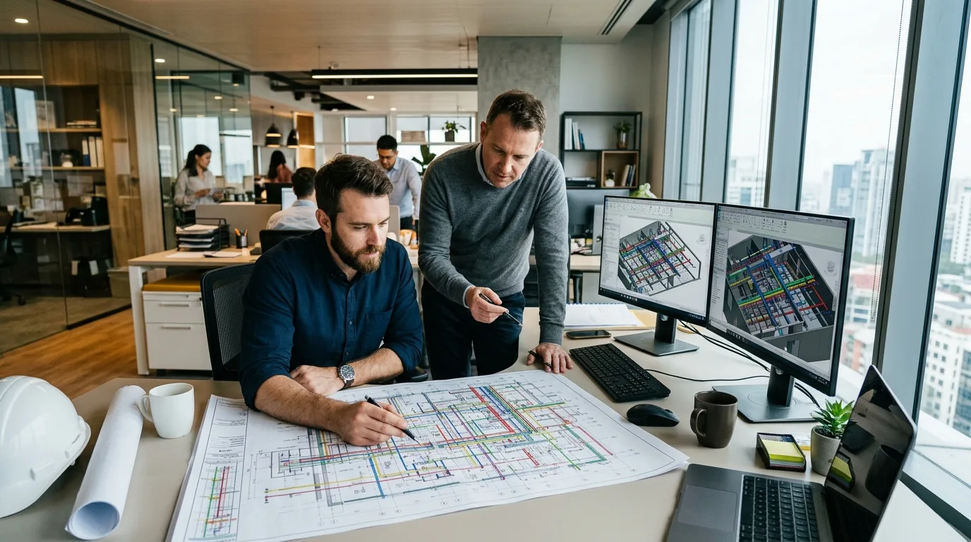 A mechanical engineer and CAD manager reviewing multi-trade mechanical room clearance drawings at a modern workstation