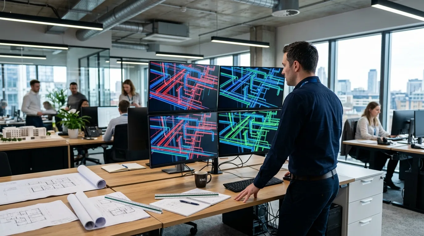 MEP coordinator in a modern office looking at screens displaying abstract 3D mechanical pipe routing designs and duct systems.