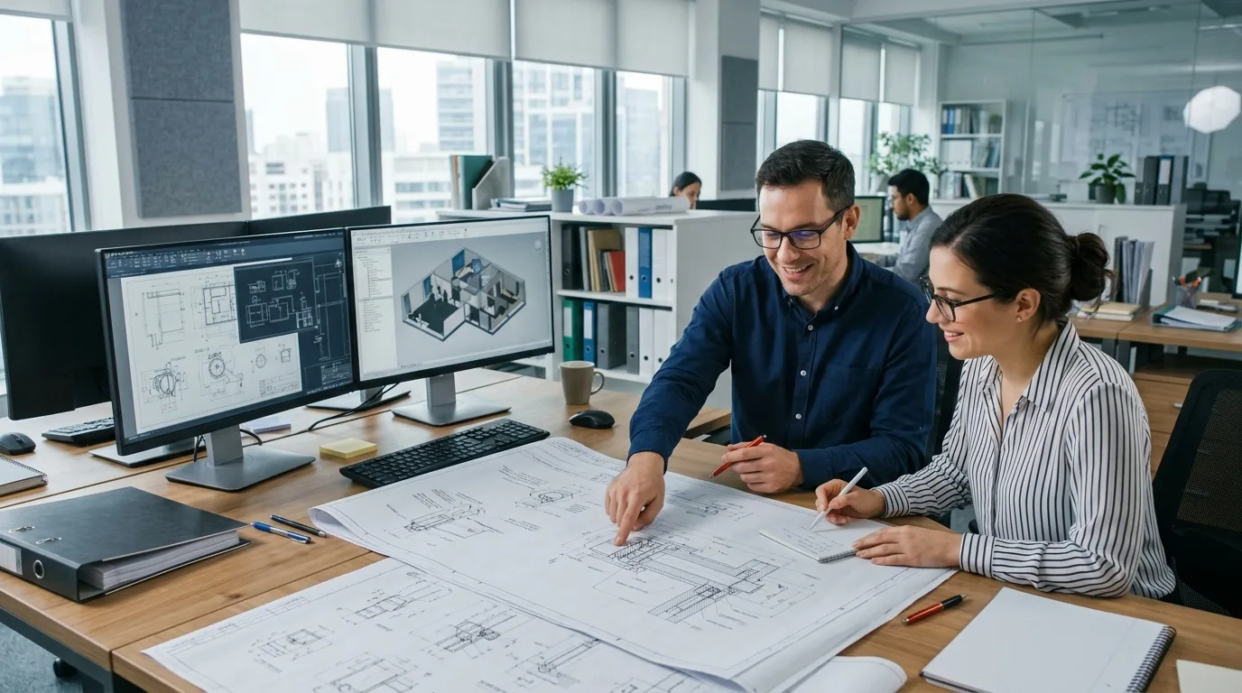 MEP engineer and CAD manager reviewing mechanical submittal drawing revisions at a workstation