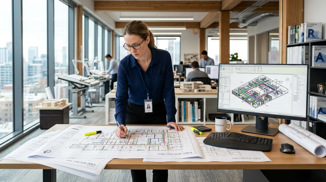 An MEP design coordinator reviewing medical gas piping layout revisions in a modern architectural office.