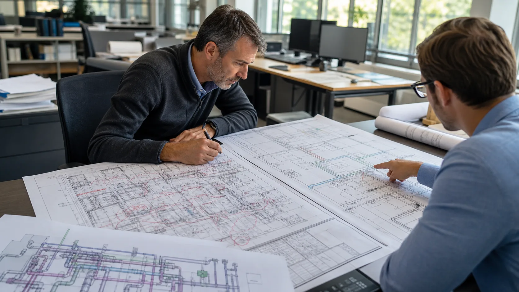 CAD manager and MEP engineer reviewing revised floor plans for architectural change updates in an engineering office