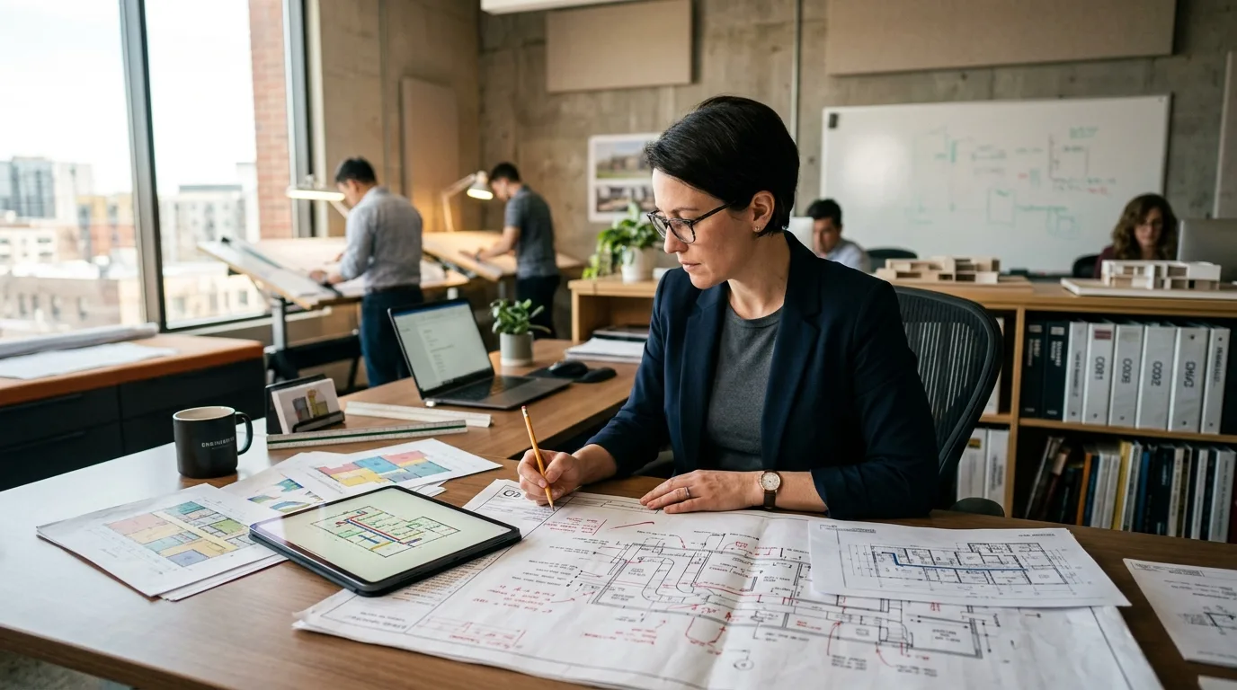 Mechanical engineer reviewing printed blueprints and a CAD layout on a tablet at a modern office workspace