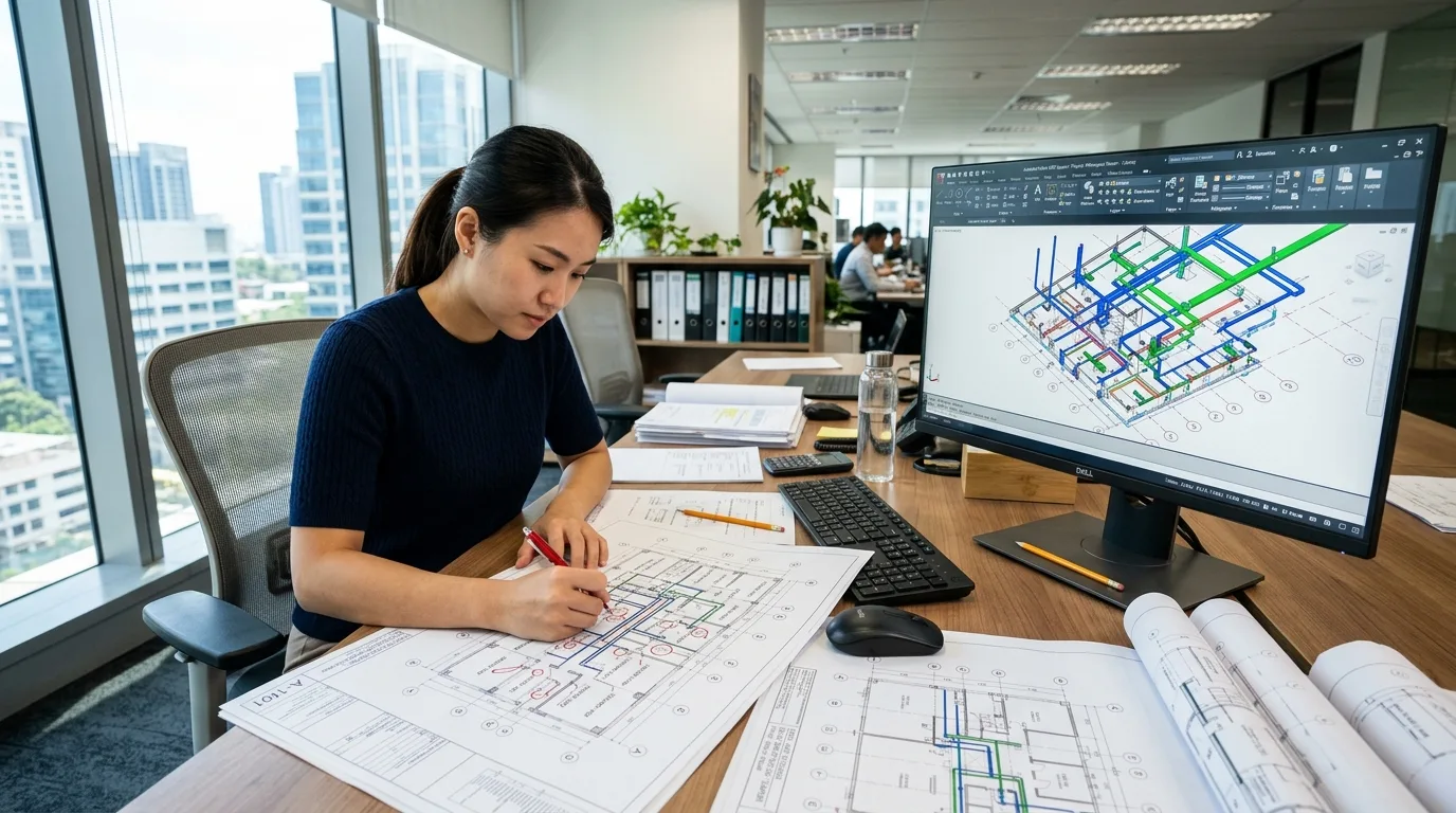MEP design coordinator analyzing floor sleeve locations on blueprints and a computer monitor showing a clean CAD workspace
