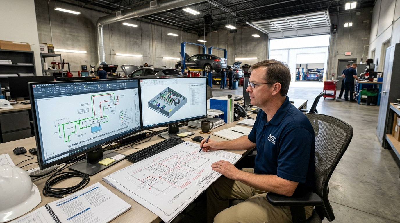 Plumbing engineer reviewing oil-water separator drainage and vent piping revisions on a commercial garage drawing at a dual-monitor CAD workstation