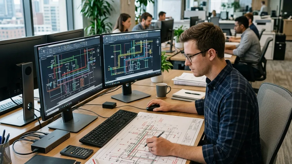 An MEP design engineer at a dual-monitor workstation adjusting mechanical piping and duct layouts on printed plans and AutoCAD DWG files