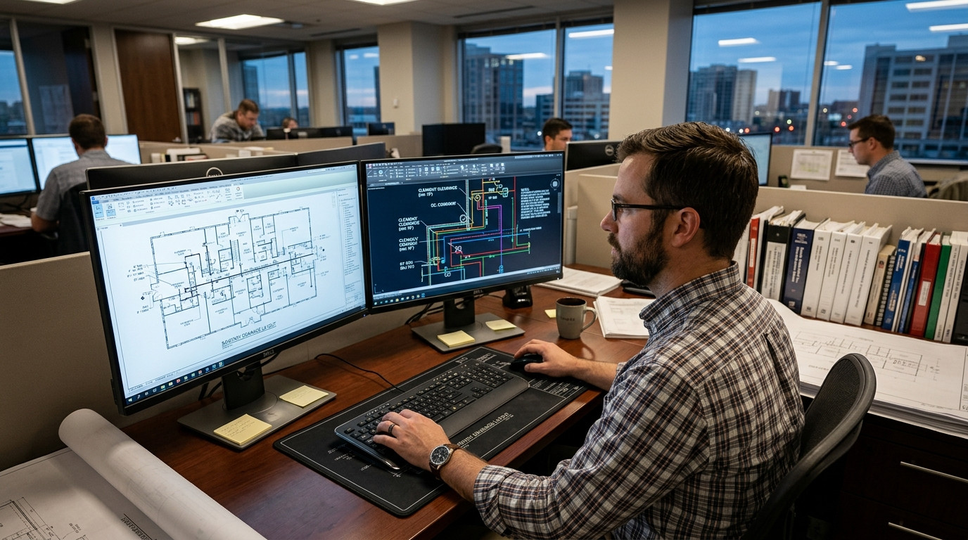 A focused plumbing CAD designer at a dual-monitor workstation reviewing sanitary drainage layouts and cleanout clearances on technical drawings.