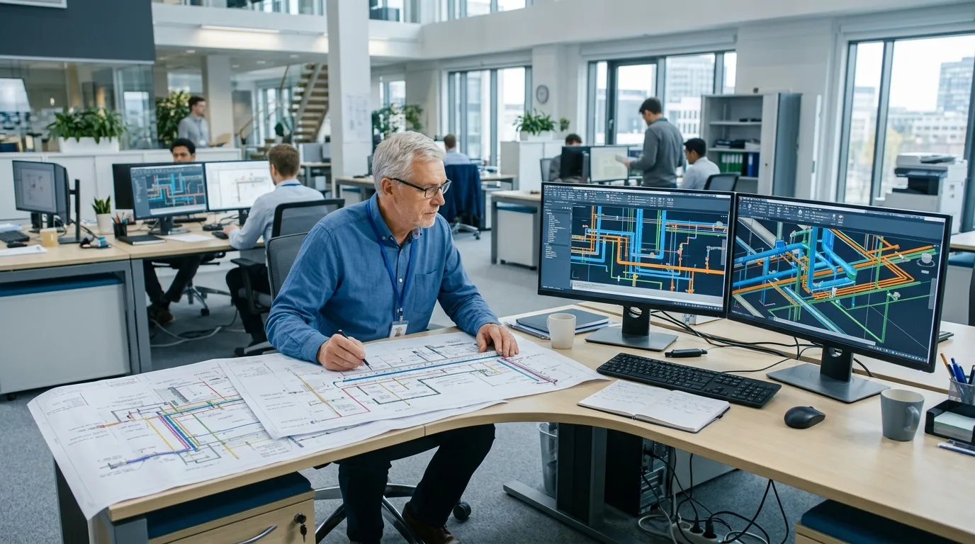 Senior MEP engineer reviewing plumbing isometric drawings and AutoCAD CAD workstation layouts