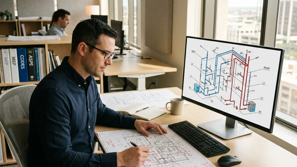 A mechanical engineer sits at a desk reviewing a plumbing riser schematic on a screen and paper plans