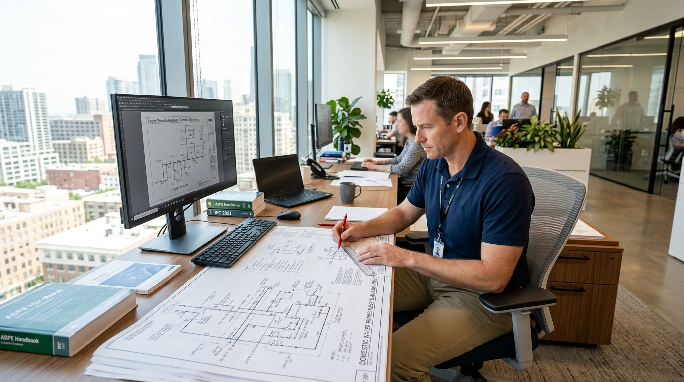 Plumbing engineer carefully checking domestic water piping drawings at a clean design workstation with natural office lighting