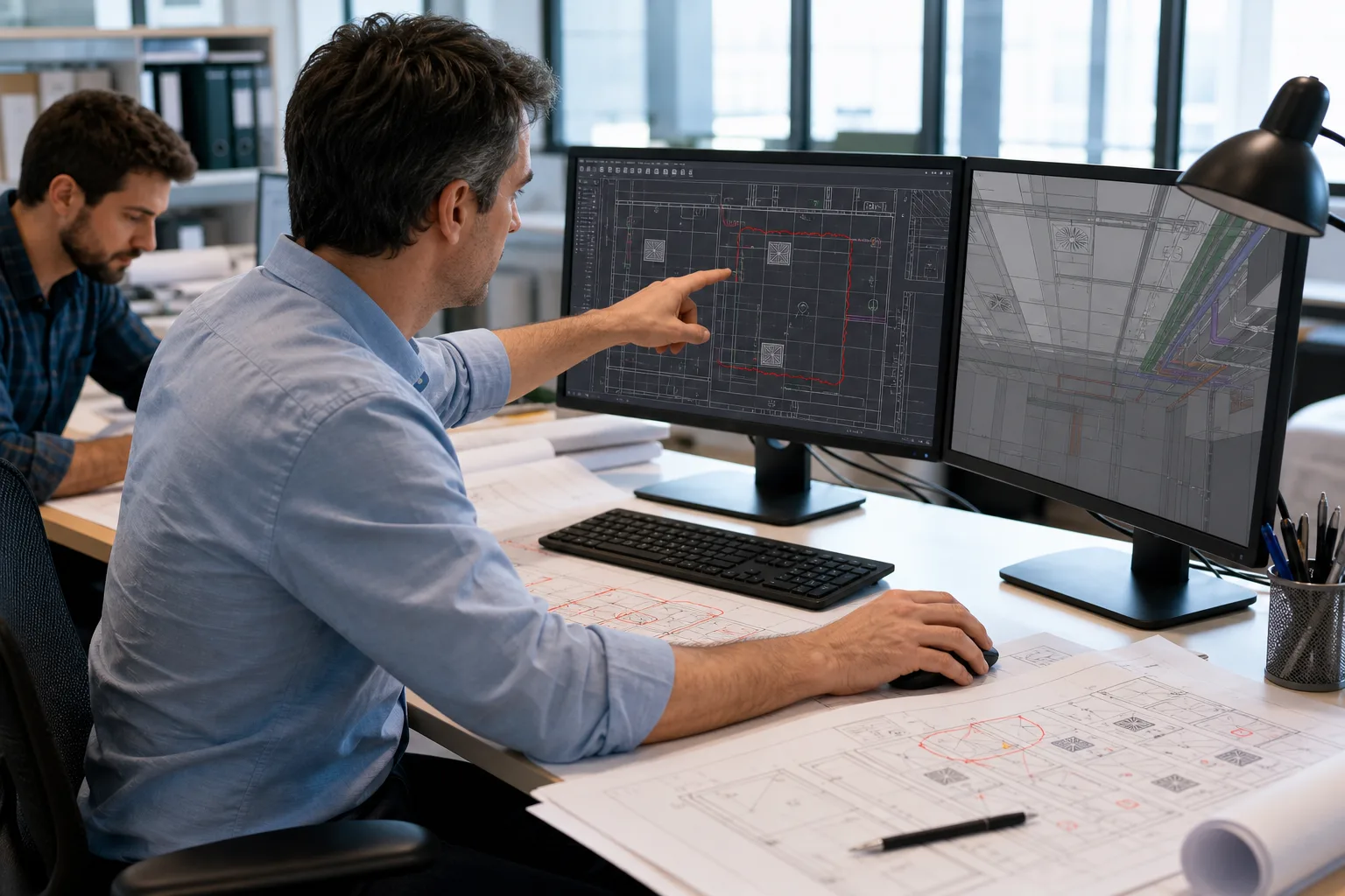 MEP CAD manager reviewing reflected ceiling plan DWG changes at a workstation