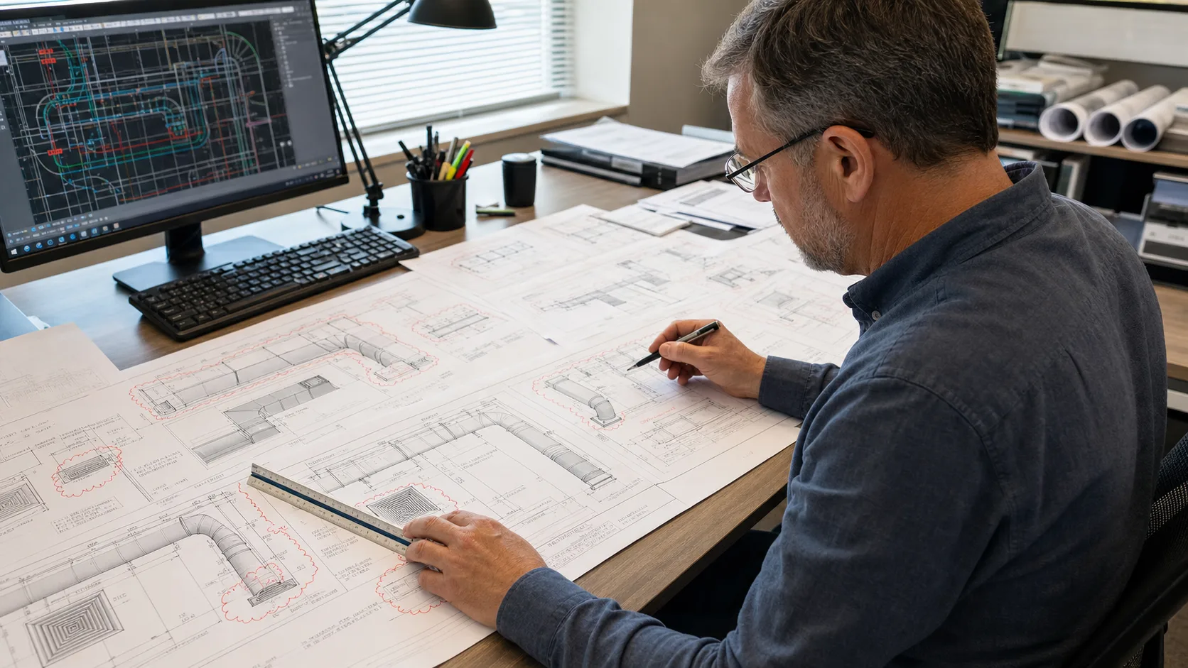 MEP CAD manager reviewing repeated HVAC detail revisions across printed engineering drawings at a workstation