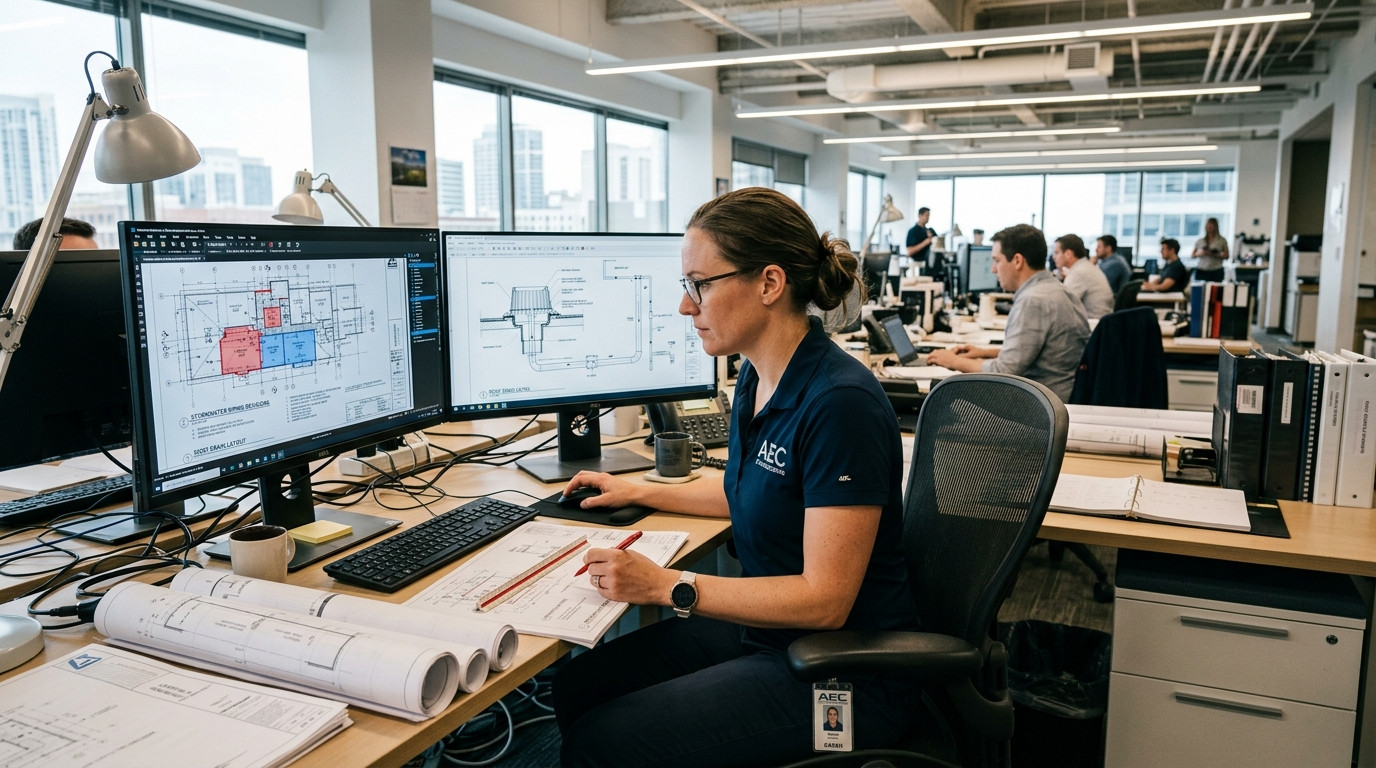 A focused plumbing engineer at a dual-monitor workstation reviewing commercial roof drain layouts and stormwater piping revisions on an engineering plan