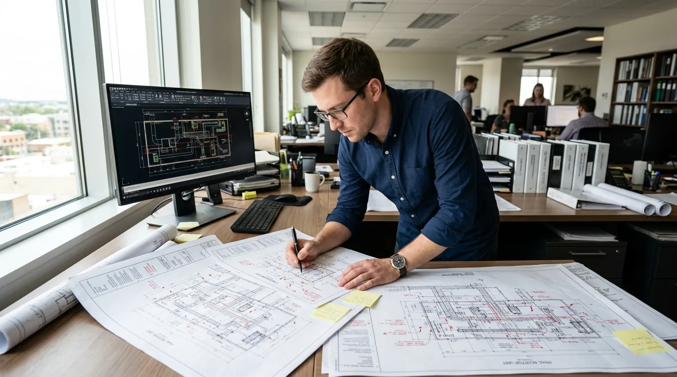 Mechanical engineer reviewing HVAC rooftop unit plan sheets with red markup annotations at a workstation with AutoCAD open on screen