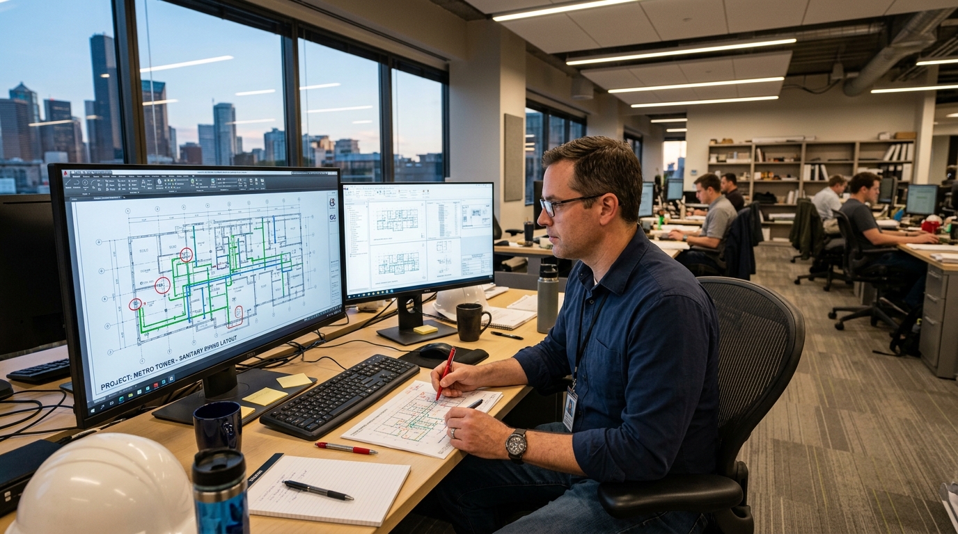 Plumbing engineer reviewing commercial sanitary piping drawings at an AutoCAD workstation with marked cleanout locations and architectural backgrounds