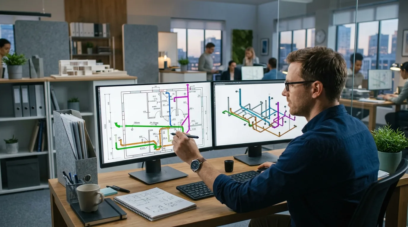 An MEP plumbing designer sitting at a modern office workstation, carefully adjusting a complex sanitary waste and vent piping layout on a large dual-monitor setup displaying detailed color-coded CAD drawings.
