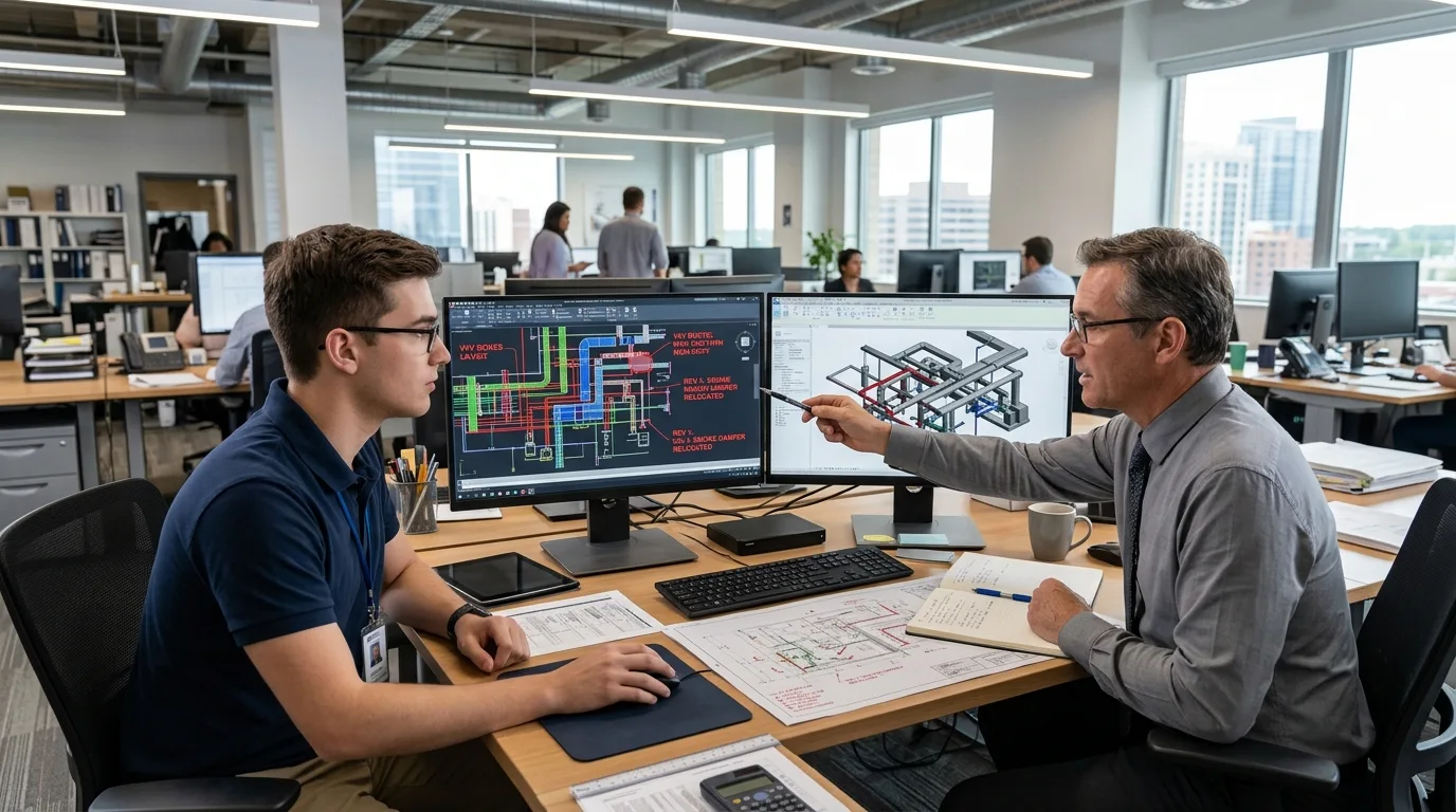 MEP CAD technician and senior engineer reviewing HVAC ductwork and smoke damper layout revisions in AutoCAD on dual monitors.