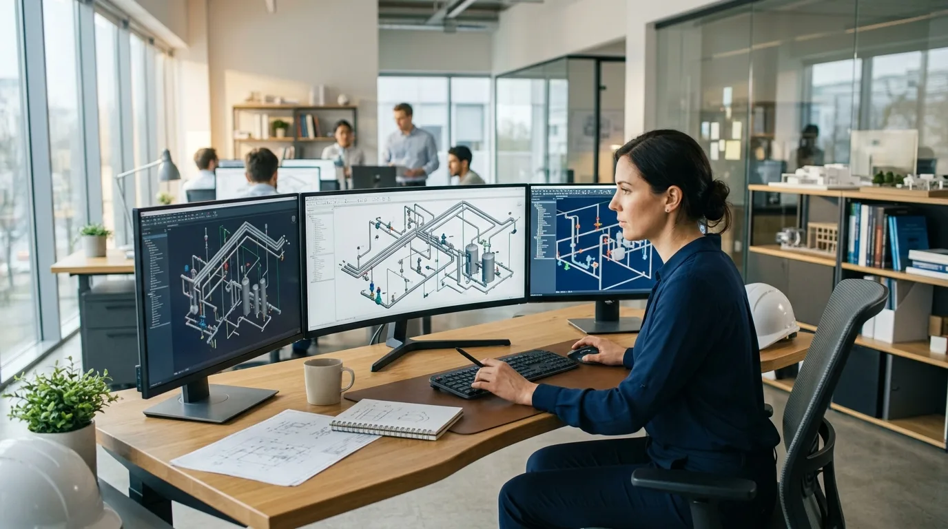 A mechanical design engineer working on a sloped steam and condensate piping layout on dual workstation monitors in a professional office environment.