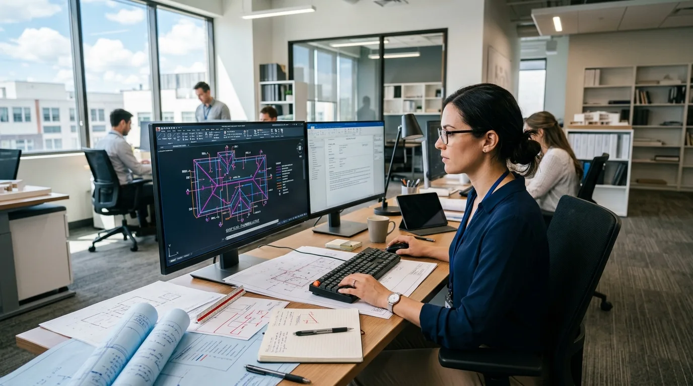 A plumbing CAD designer focusing on updating storm drainage and roof piping layouts on a computer monitor in a professional engineering office.