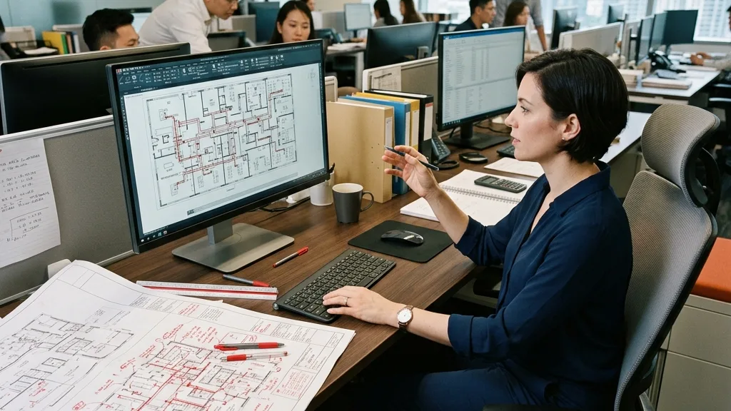 An MEP designer at a modern office workstation reviewing HVAC ductwork layouts and tenant improvement drawings on a screen with marked printouts on the desk