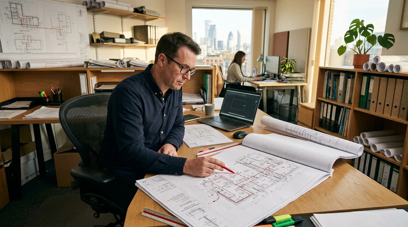 Plumbing designer planning under-slab plumbing and drainage layouts on a workspace desk with project documents