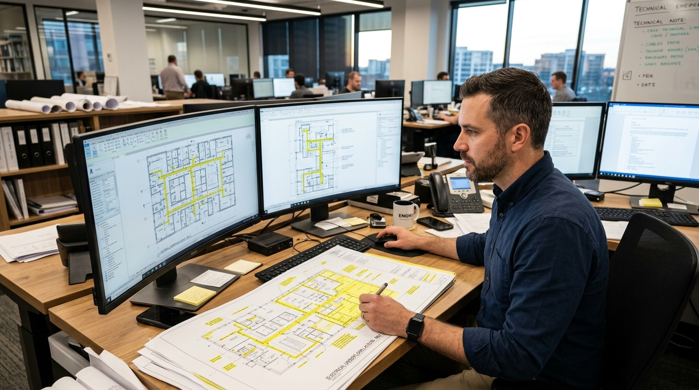 Focused CAD manager at a dual-monitor workstation adjusting commercial electrical underfloor raceway layouts with yellow markup plans on the desk