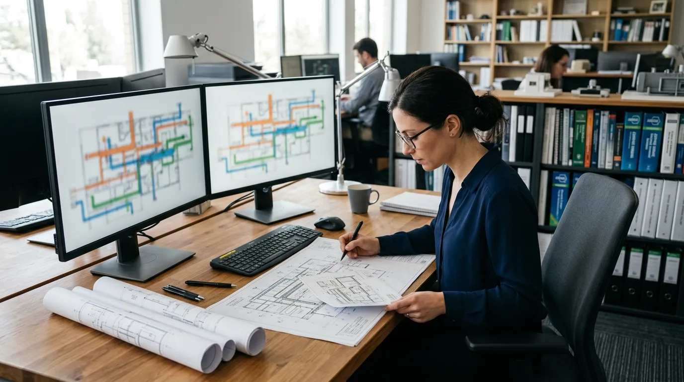 An HVAC design engineer reviewing drawing revisions at a clean engineering workstation with dual monitors showing soft-focused building layouts.