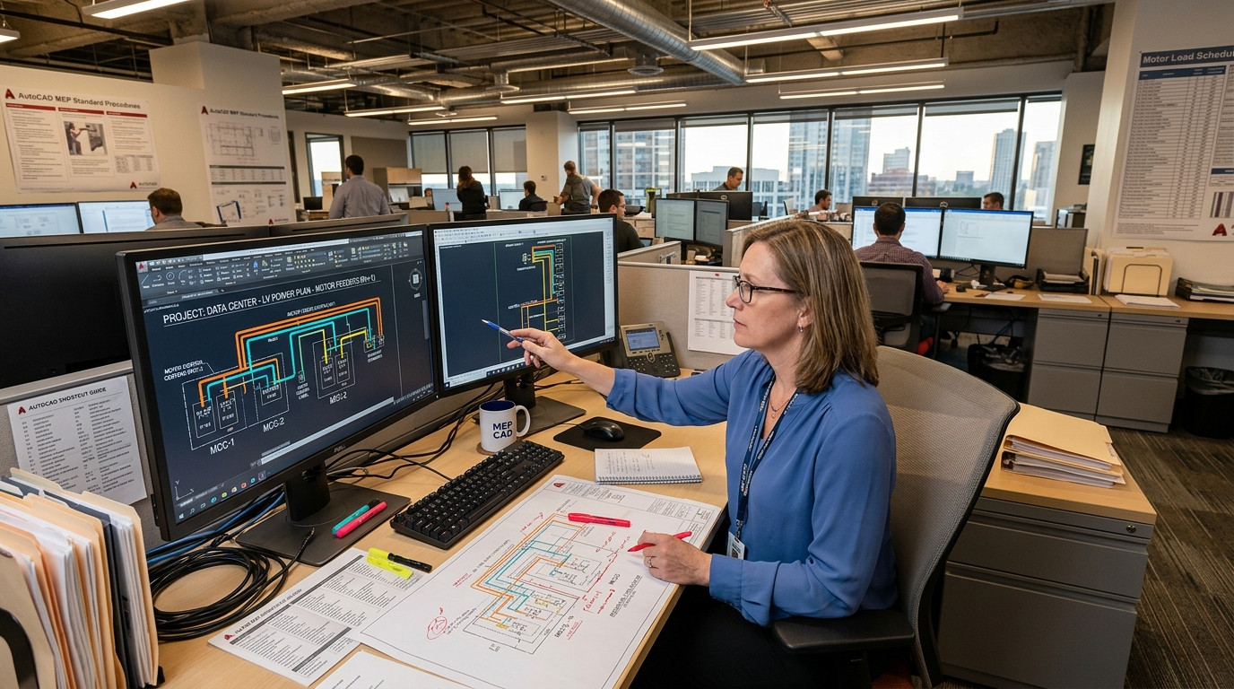 An MEP CAD manager reviewing motor feeder conduit layouts on an AutoCAD power plan workstation in a design engineering office.