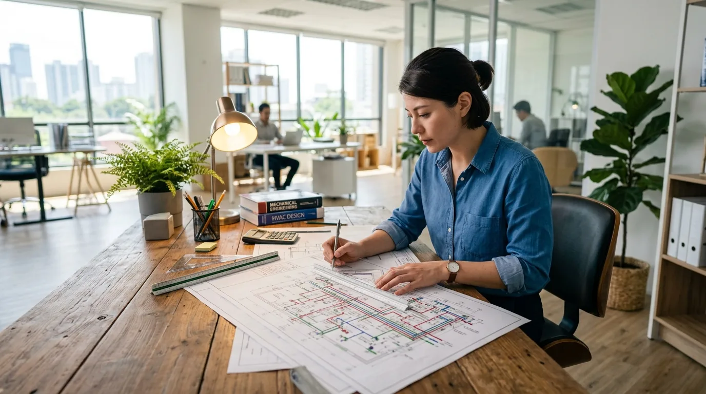 A focused mechanical design engineer reviewing VRF system piping layout plans on a drafting table in a modern engineering office.