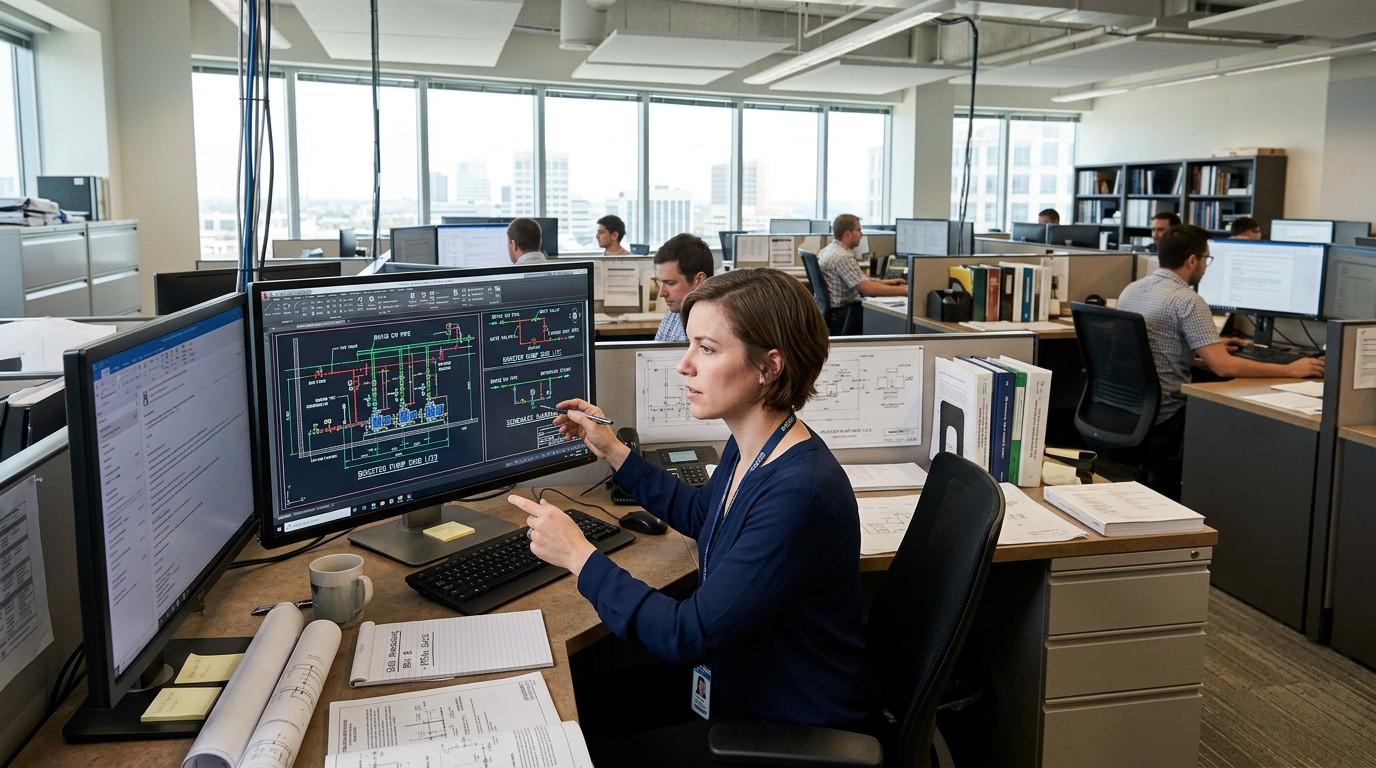 Plumbing engineer reviewing multi-stage booster pump skid dimensions and mechanical room piping drawings on a workstation monitor in an engineering office.