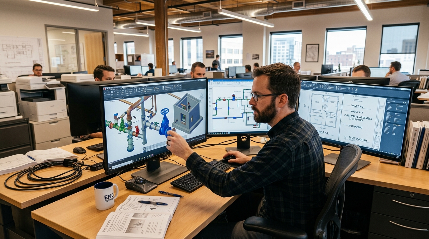 A focused plumbing CAD designer at a dual-monitor workstation adjusting detailed pipe valves and vault schematics in an engineering office.